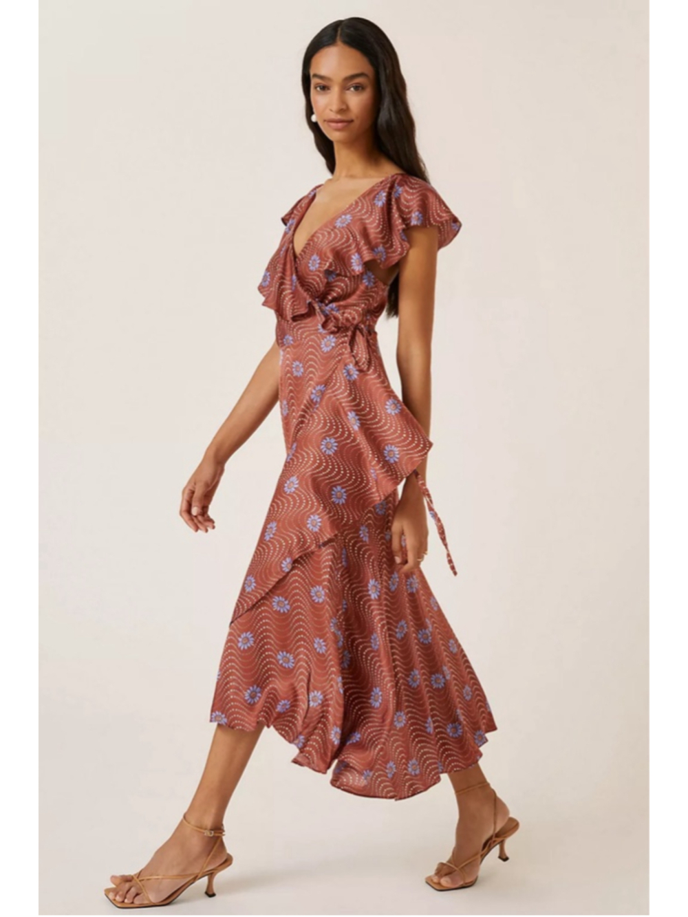 Anthropologie Satin Ruffle-Sleeve Printed-Wrap Maxi Dress Size M